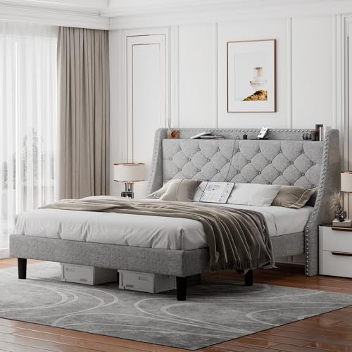 Feonase King Bed Frame with Luxury Wingback Upholstered Button Tufted Storage Headboard, King Platform Bed with Charging Station, Sturdy Wooden Slats Support, Noise-Free, Easy Assembly, Light Gray