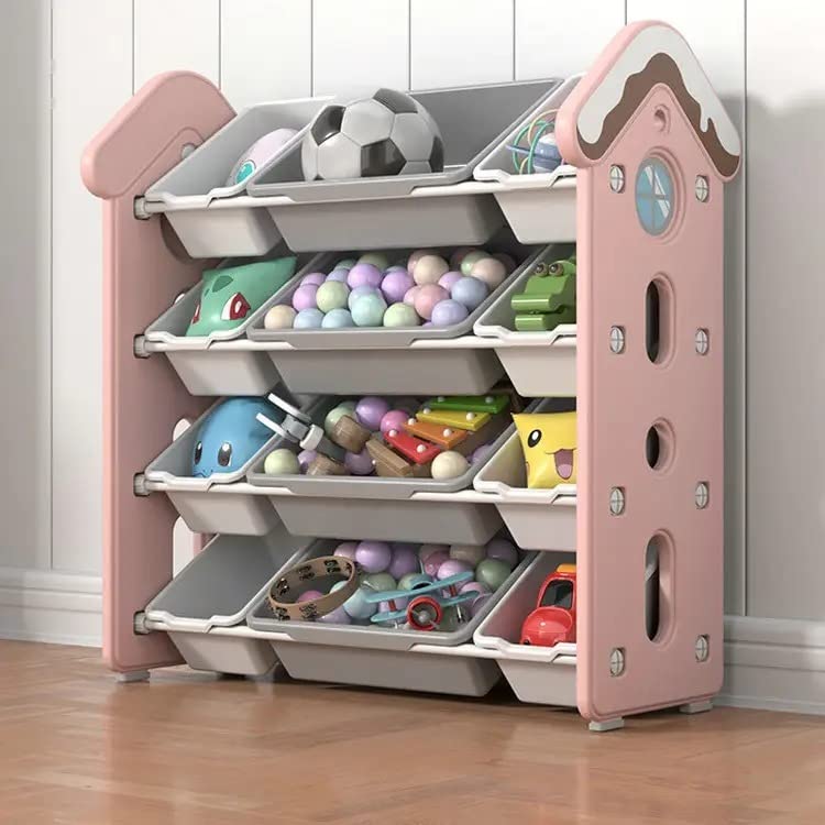 KIDSAVIA® - Toys Storage Organizer Toy Rack - Cute 4 Layer Shelves Toys Collection Organizer - Kids Storage Box Shelf with (8 Small Drawers and 4 Big Bins) for Play in Bedroom Playroom