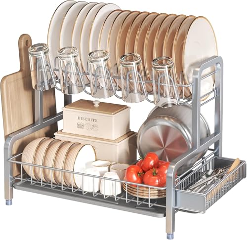 2 Tier Dish Drying Rack, Dish Drainer with Drip Tray, Stainless Steel Dish Rack with Utensil Holder, Cutting Board Holder and Cup Rack, Draining Rack for Kitchen Counter, Grey