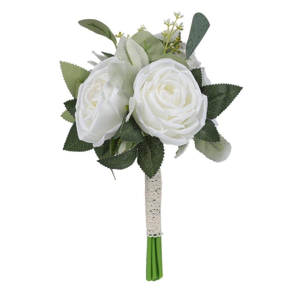 Huffa Ivorywhite Elegant White Rose Artificial Wedding Bouquet For Brides And Bridesmaids