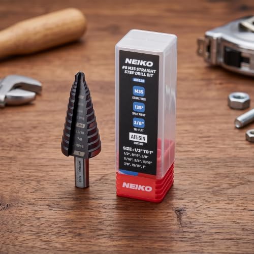 Image of NEIKO 10622B Step Drill Bit, 9 Steps 1 /2 inch to 1 inch Straight M35 Cobalt, AlTiSiN Coated, 3 /8 inch Tri-Flat Step Bits for Steel, Metal, Wood, Plastic, Unibit Cone Drill Bits, Two Flute