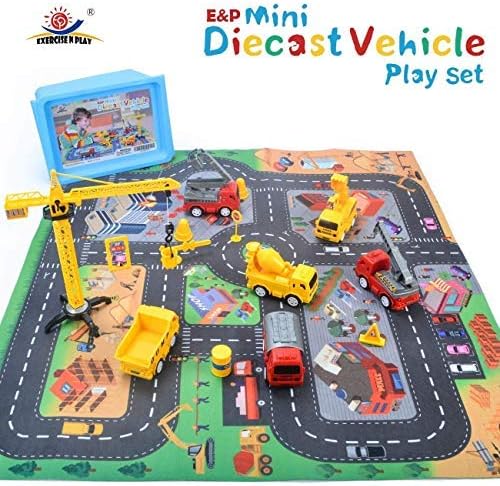 Exercise N Play Mini Construction Vehicle Play Set with a Kid Play Car Map (28” x 31”), Engineering Vehicle Toy Play Cars for Kids, Boys or Girls