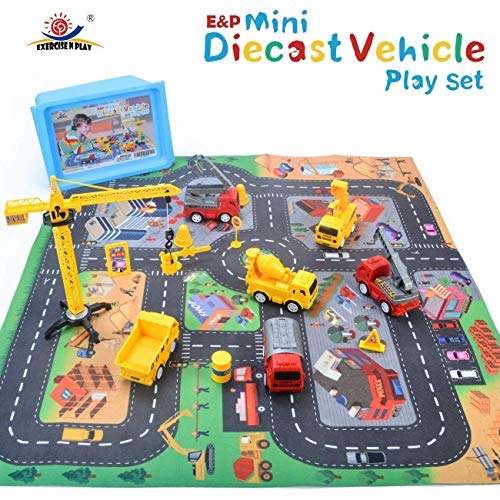 Exercise N Play Mini Construction Vehicle Play Set with a Kid Play Car Map (28” x 31”), Engineering Vehicle Toy Play Cars for Kids, Boys or Girls