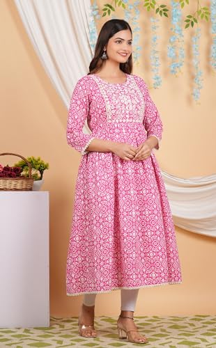 Image of purple sky Women's Cotton Blend Printed Anarkari Suit with Lucknowi Work on Neck