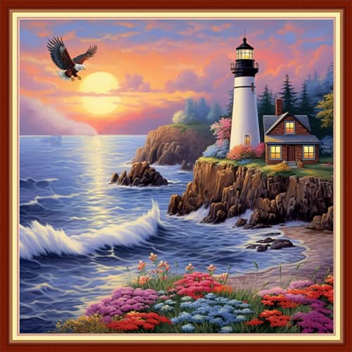 Image of Foxdiviy Stamped Cross Stitch Kits Full Range of Embroidery Needlework Starter Kits for Beginners Adults 11CT Embroidery Patterns Art Crafts DIY Needlepoint Kits-Seaside Lighthouse 18x18 inch
