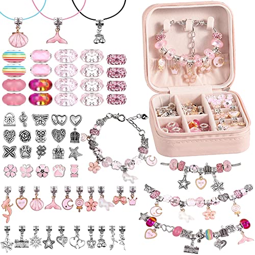 Charm Bracelet Making Kit for Girls, DIY Jewelry Making Kit Bracelet Making Kit for Teen Girls Bead Bracelet Baking Kit for Girls Age 5 6 7 8-12, With a Portable Jewelry Box for Girls (4-Pink)