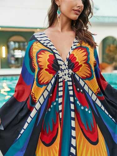Image of sunforyou Kaftan Dresses for Women Plus Size Lightweight Swimsuit Cover up Batwing Sleeve Print Loungewear Beach Robe