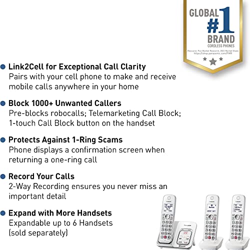 Image of Panasonic Cordless Phone with Answering Machine, Link2Cell Bluetooth Home Phones, Voice Assistant and Advanced Call Blocking, Expandable System with 3 Handsets - KX-TGD863W (White)