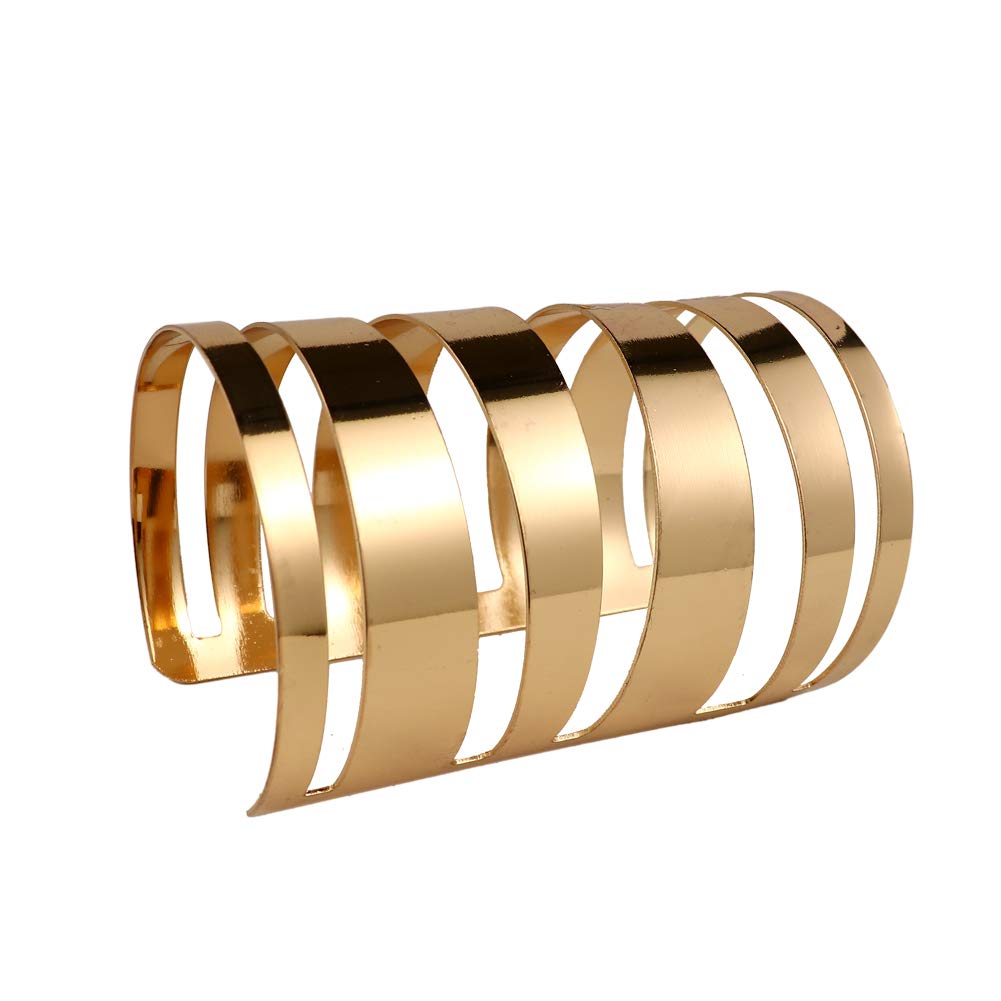 COLORFUL BLING 2 Pieces Gold Tone Cuff Bangle Bracelet Set for Women Girls Adjustable Smooth Wide Thin Thread Wire Armband Armlet Wrist Jewelry Set