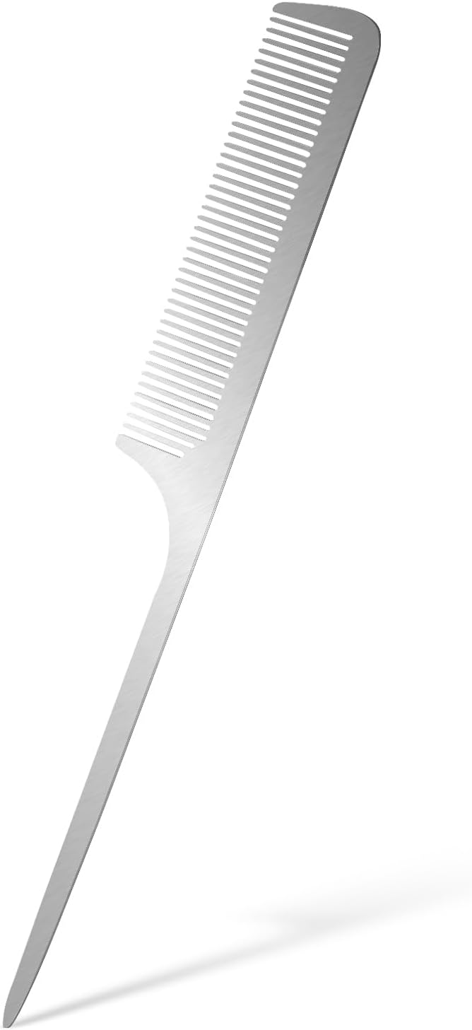 Mozeat Lens Metal Rat Tail Comb Stainless Steel Hair Combs Flat Top Fine Cutting Comb Teasing Pin Tail Barber Comb with Parting Tip, Rat Tail Comb with Metal Pick for Hair Stylist Women Men
