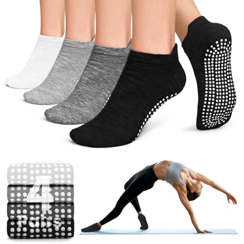 Image of yeuG Pilates Socks for Women Non Slip Grip Socks for Yoga, Barre, Hospital, Barefoot Grippy Yoga Sock Womens Gifts 4 Pairs