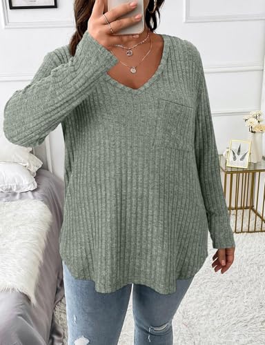 Image of Koscacy Women Plus Size Casual Knit Sweater with Pocket V Neck Solid Color Tops Lightweight Long Sleeve Blouses