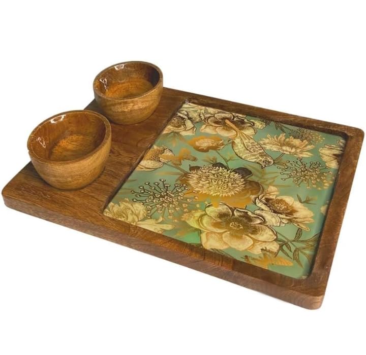 Regal Handicraft Wooden Serving Platter Mango Wood Platter/Tray Printed Servin Platter |Appetizer Plate | Snacks Serving Platter with 2 Bowls, 30x20 cm/12x6 inch