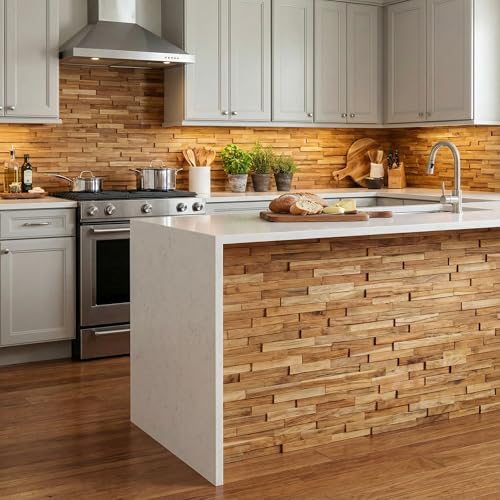 Bare Decor EZ-Wall 3D Mosaic Tile in Solid Teak Wood, Set of 10 Natural Finish Tiles