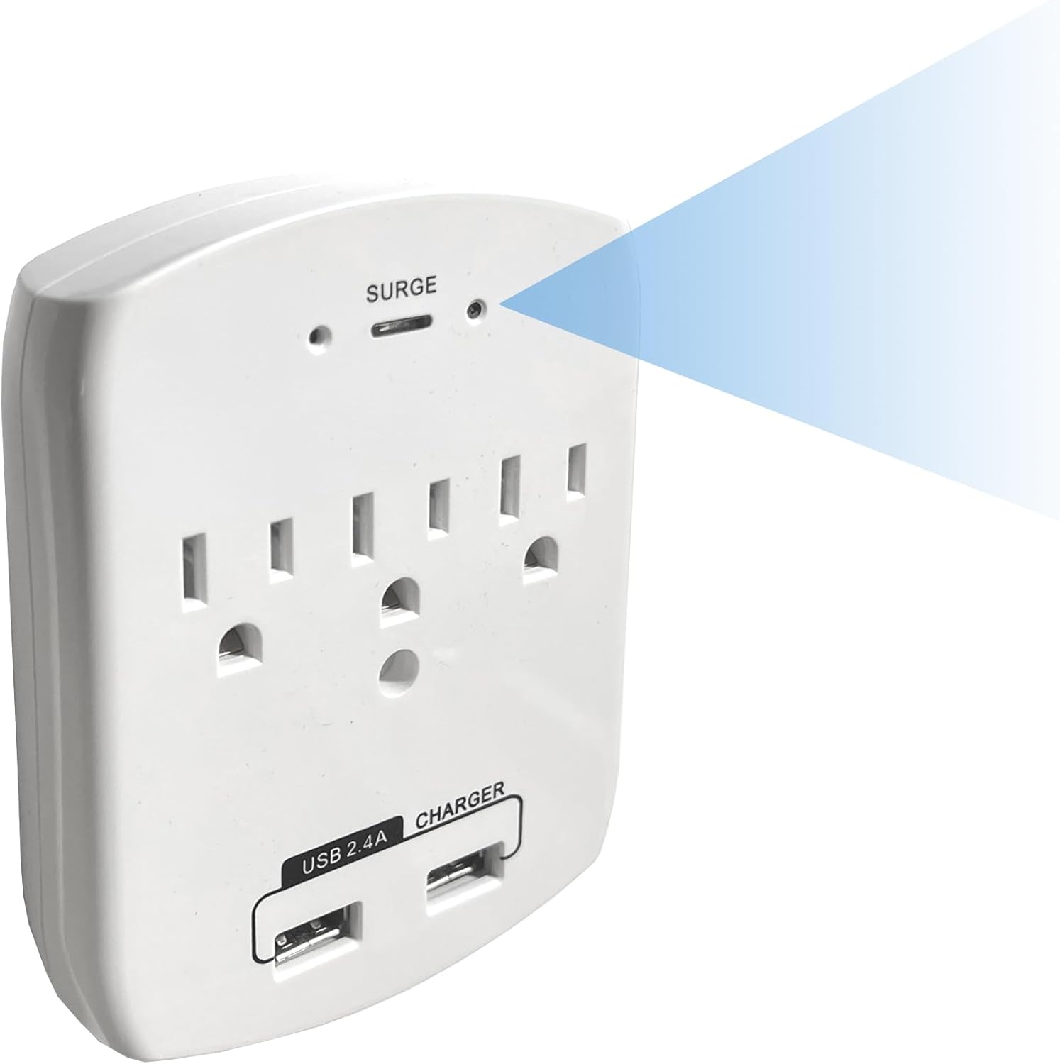 Kulma view of the SCS Enterprises WF-113, highlighting the hidden camera lens and confirming the functionality of the AC outlets and USB ports.