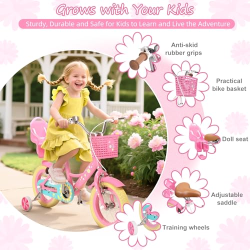 Image of XJD Girls Bike for Toddlers 3-9 Years Old Kids, 12 14 16 Inch Kids Bike with Training Wheels, Streamers, Basket and Doll Seat