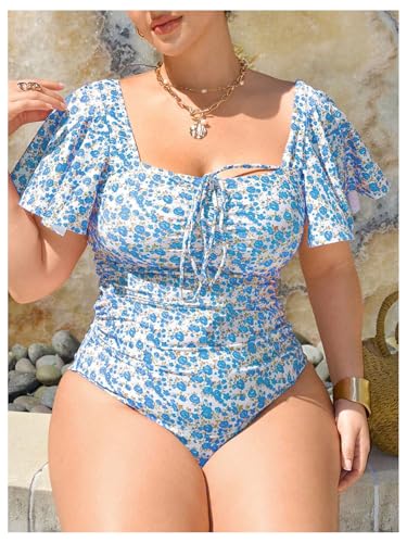 Floerns Women's Plus Size Floral One Piece Swimsuit Square Neck Ruffle Sleeve Bathing Suit4