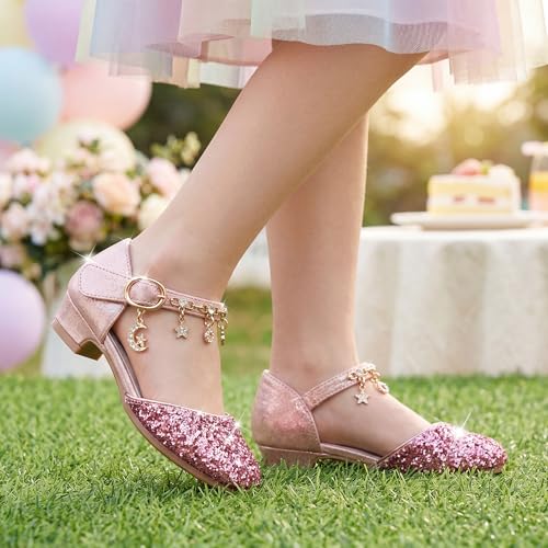 Image of Stelle Girls Glitter Charm Dress Shoes Sequins Princess Heels for Party | Sparkle finish, Decorative charms, Cushioned comfort, Flexible outsole, Dress-up, Special occasions, Comfortable fit