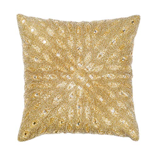 Hand Beaded Decorative Pillow Cover -16x16 Inch - Gold, Handwoven Pillow, Handmade by Skilled Artisans, A Beautiful and Elegant Accessory to Dress up Your Couch, Sofa and Bed - Only Cover - 2 Pack