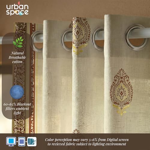 Image of Urban Space 100% Cotton Curtains with Gold Foil Print | Upto 60% Light Blocking Window Curtain 5 feet I Set of 2 Decorative Curtains with Eyelets and Tieback Included (Zari Buta Brown Gold - 5 feet)