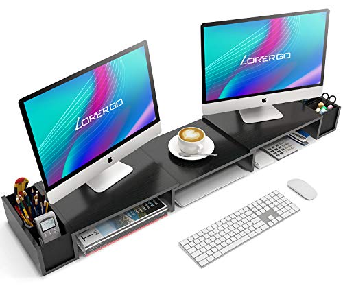 LORYERGO Dual Monitor Stand Riser - 3 Shelf Screen Laptop Stand with Storage Accessories Slots, Length and Angle Adjustable Desktop Stand Storage Organizer for Computer, Laptop