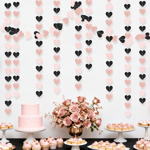 Image of Rose-Gold Black Pink Party-Decorations Heart Streamers Garland - 39FT Baby Girls Shower Hanging Paper Banner Christmas Wedding Engagement Bachelorette Bridal Shower Backdrop Valentines Decor