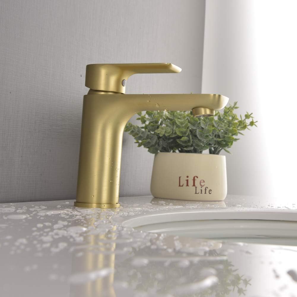 Best Cyber Monday 🔥 SHAMANDA Brass Bathroom Faucet, Single Handle One Hole Brushed Gold Bathroom Sink Faucet with cUPC Water Supply Lines, LB201-3