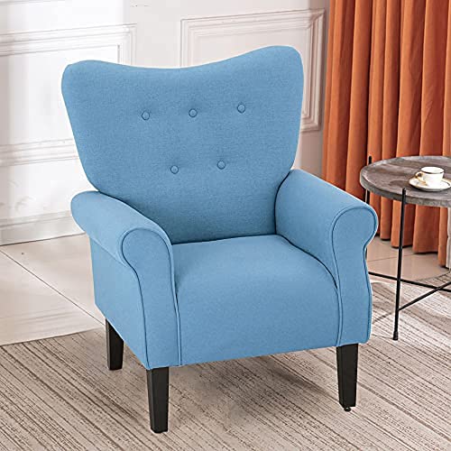 Yoleny Modern Accent Chair,High Back Armchair,Upholstered Fabric Button Single Sofa With Wooden Legs For Living Room,Bedroom,Club,Light Blue #TOP3