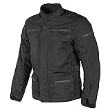 Veste moto en polyester 600D résistant à l'abrasion et aux déchirements. Conception avec doublure ouatinée polyester 100g et membrane de protection contre la pluie. Coupe Comfort Fit pour un ajustement optimal et un confort maximal.