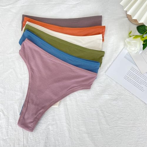 Image of 6 Pack Women's Ribbed Cotton Thongs High Waist Panties Underwear | GAREDOB 6 Pack Women's Ribbed Cotton Thongs High Waist Seamless Panties Plus Size High Rise No Show Underwear