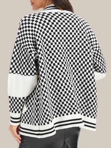 Checkerboard Knit Cardigan for Women Fall 2025 Drop Shoulder Button Front Black and White Sweater with Pockets3