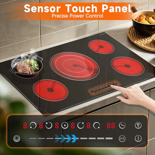 Image of Noxton 36 Inch Electric Cooktop 5 Burner, 9200W Built-in Electric Stove Top | Triple Elements, Pause, 9 Power Levels, Touch Control, Timer, Child Lock and Residual Heat Warning, 220-240V Hard Wire