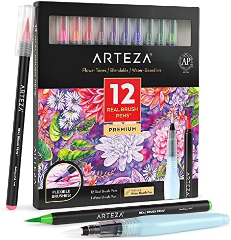 ARTEZA Real Brush Pens, Set of 12, Pastel Tones, Blendable Watercolor Markers and 1 Water Brush, Art Supplies for School, Home, and Office