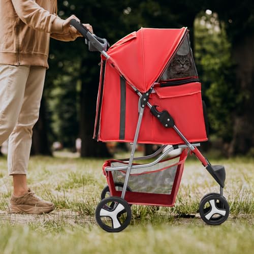 Image of Magshion 3-Wheel Pet Stroller, Foldable Travel Jogger for Small & Medium Dogs & Cats (Up to 33lbs), Lightweight Carrier with Breathable Mesh Cover, Cup Holder & Storage Basket, Red