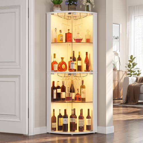 Armario para Vinos Esquinero con Luces LED y Portacopas, Botellero Vitrina con Puerta de Vidrio Templado, 4 Niveles para Salón, Cocina y Comedor, 159cm,Blanco
