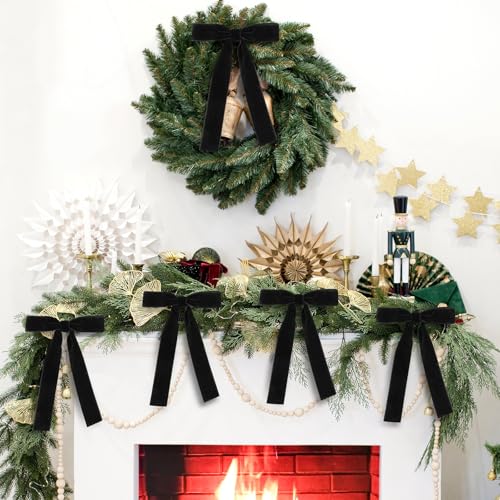 Black 24 Pcs Velvet Bows Christmas Tree Ornaments Valentines Day Bows Decoration for Garland Home Coquette Wedding Decor (5 x 7 Inch,Width of 1")