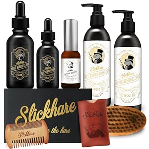 Beard Grooming Kit, Magic Beard Kit with Elixir Oil (1oz + FREE 4oz bottle), Beard Serum, Beard Cleanser, Wash Conditioner, Boar Bristle Beard Brush & Comb, Christmas Fathers Gifts for Men