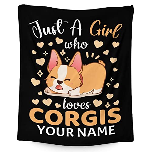 Personalized Corgi Blanket Gifts with Name - 60"x80" Cute Throw for Adults, Kids - Black Soft Fuzzy Blankets for Bed, Couch & Living Room