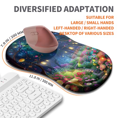 Image of Ergonomic Joint Wrist Support Mouse Pad with Memory Foam Cushion Massage Bump, Carpal Tunnel Pain Relief Mousepad Slope Design for Wrist Rest, 11.8x7.9 in, Fantasy Forest