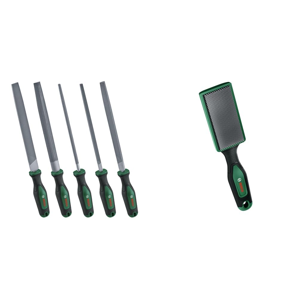 Bosch set di lime 5 pz. (Set di lime in metallo, contenente lime rotonde/semiarr./piatte/triang./quadrate; in acciaio al carbonio duro; lungh. stelo 200 mm; taglio medio) + Bosch Spazzola per lime