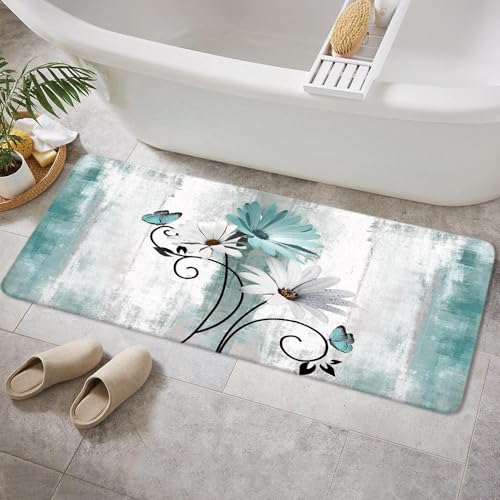 Rustic Farmhouse Bath Rug, Farm Teal Daisy Floral Flowers and