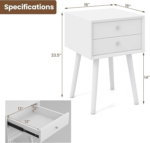 Miniatura 3 de GOFLAME Juego de 2 mesitas de noche con 2 cajones, pequeña mesa auxiliar de madera, moderna de mediados de siglo con almacenamiento, mesa auxiliar