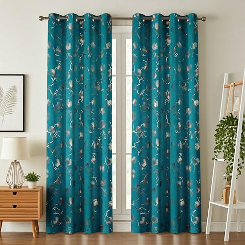Image of Devsang Golden Foil 9 Feet Window Velvet Curtains Pack of 1, Turquoise