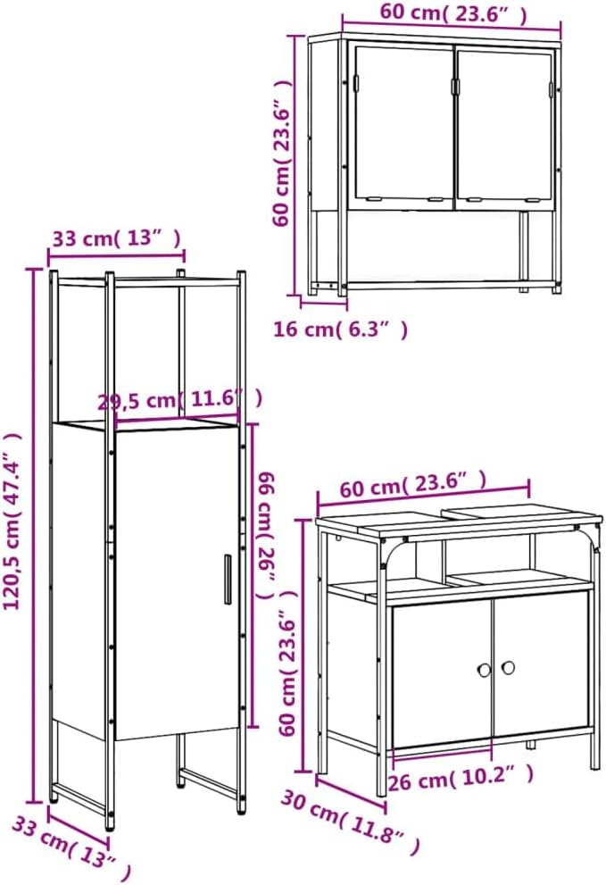 Dimension diagram for the bathroom furniture set