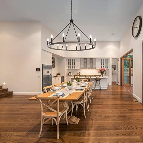 Image of 12-Lights Brown Wagon Wheel Chandelier Industrial Hanging Light Fixture for Dining Room Farmhouse Round Chandeliers for Living Room Foyer Hallway Kitchen Island Entryway