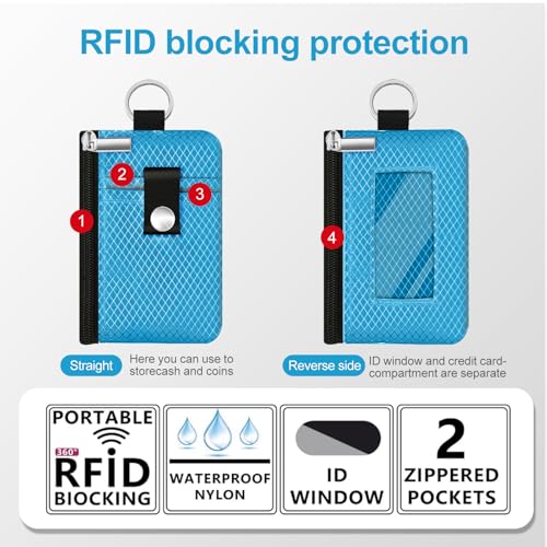 Image of Minimalist RFID Blocking Small Wallet with ID Window,WaterResistant Zip Id Case Wallet with Lanyard Keychain for Cards,Cash,Travel,Women,Men (Lake Blue)