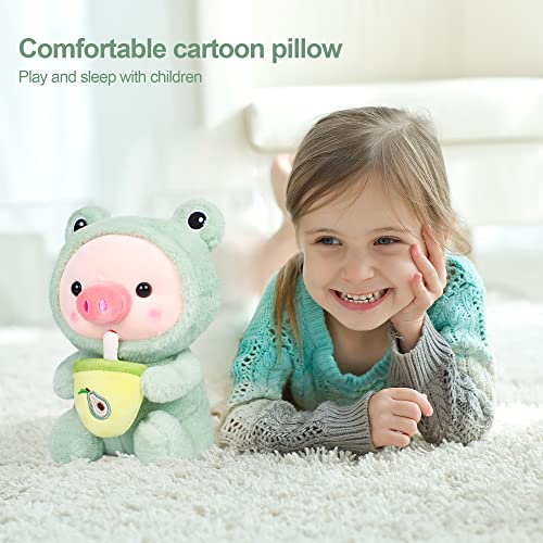 Redaica Stuffed Animal（Frog Hoodie） 9.8In Pig Plush Pillow Reversible Soft Green Cartoon Stuffed Doll Pigs Drink Boba Tea Plush Toy Gifts For Boy Girl #TOP2