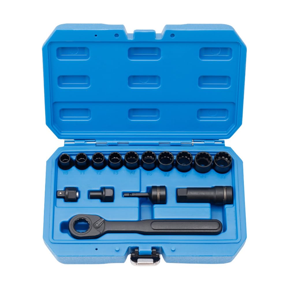 Set di chiavi a bussola a cricchetto, 15 pezzi, kit di chiavi a bussola passanti, 6/12 punti metrici, 10-19 mm, in acciaio cromato, per riparazioni automobilistiche