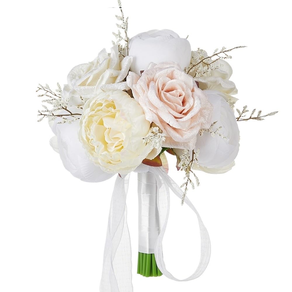 Huffa White Artificial Peony Wedding Bouquet For Bride And Bridesmaids - Silk Flowers For Outdoor Weddings