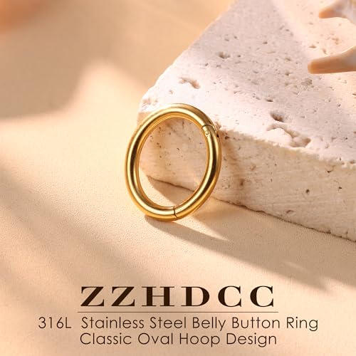 خاتم زر البطن للنساء من زد زد اتش دي سي سي 14 غرام مطلي بالذهب الابيض، اقراط زر بطن لامعة من زركونيا مكعب زركونيا مكعب، اقراط بطن بيضاوية عكسية من الستانلس ستيل، لا